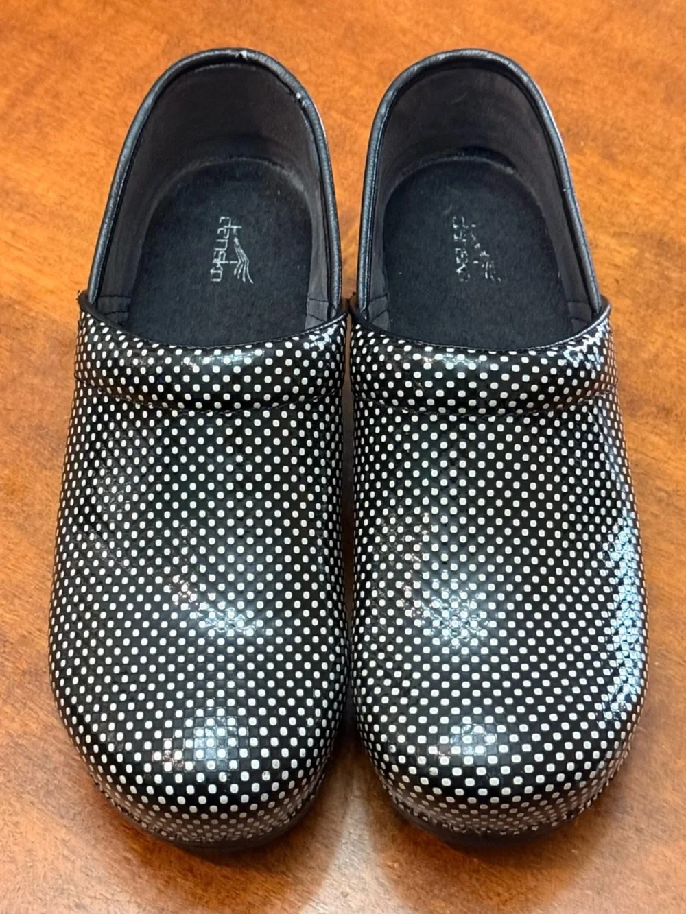 Dansko Pro XP Patent Leather Black and White Polka Dot Clog - Picture 2 of 6